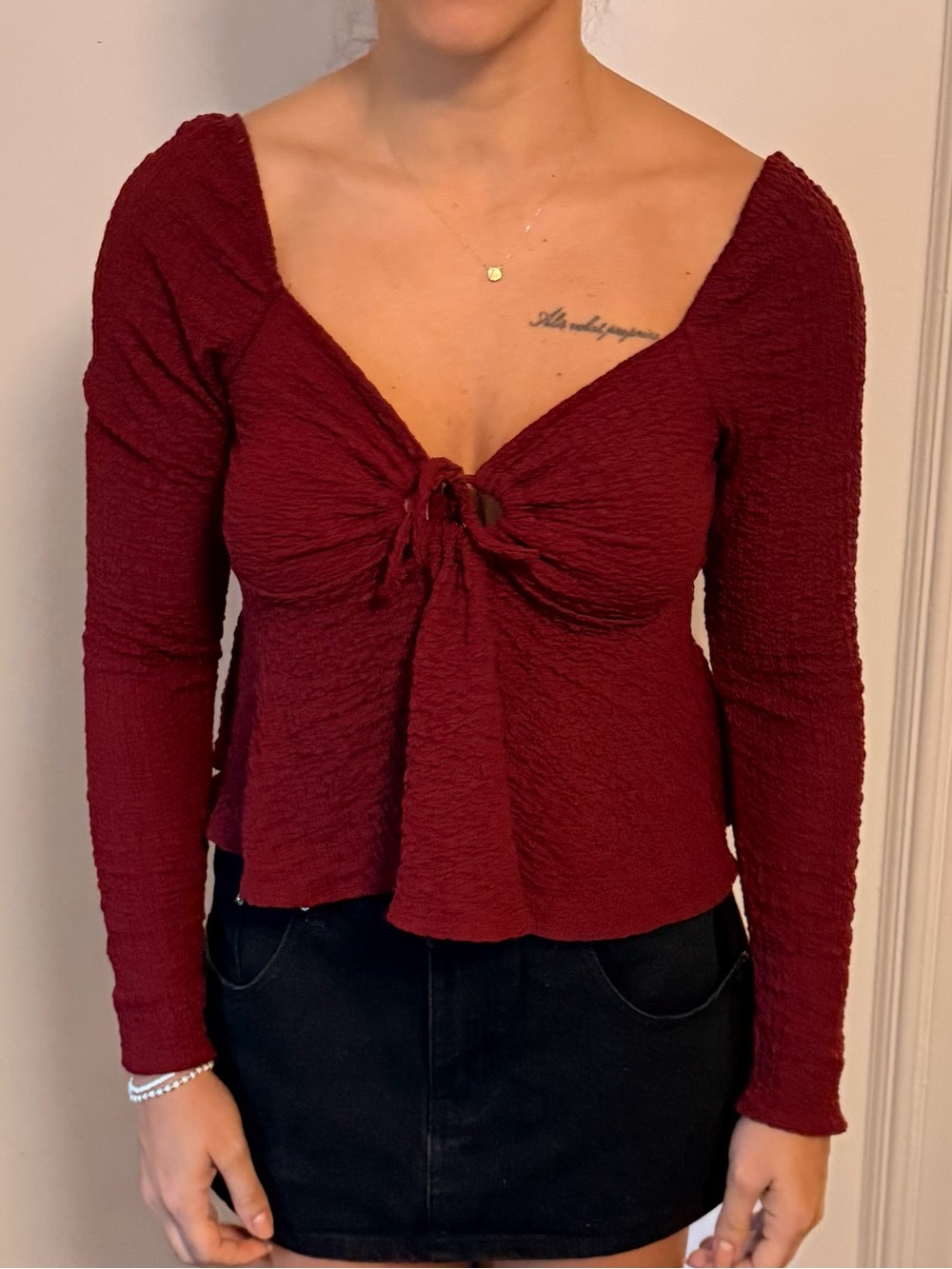 Long-Sleeve Tie-Front Women’s Top in Burgundy